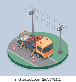 Wartungsarbeiten elektrische Leitungen verwenden Ausleger Hubwagen. 3d flache isometrische Vektorgrafik.