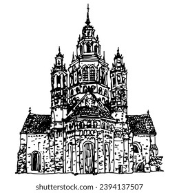 Catedral de Mainz en Alemania. Catedral de San Martín. Mainzer Dom. Martinsdom. Der Hohe Dom zu Mainz. Templo católico romano. Esbozo en bruto de doodle lineal dibujado a mano. Silueta blanca y negra.