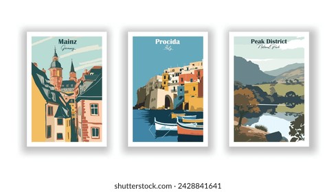 Mainz, Germany. Peak District, National Park. Procida, Italy - Vintage travel poster. Vector illustration. High quality prints