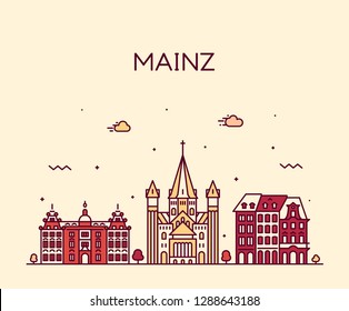 Mainz skyline, Rhineland-Palatinate, Germany. Trendy vector illustration, linear style