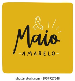 Maio Amarelo. Yellow May. traffic accident prevention month. Brazilian Portuguese Hand Lettering Calligraphy with ribbon draw. Vector.