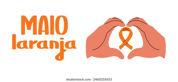 Maio laranja campaña contra la investigación de la violencia infantil. Manos con cinta naranja. Anuncio plano de Vector.