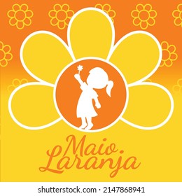 Maio Laranja. Social media post campaign against violence of children 18 may Brazil. Silhouette child holding flower.