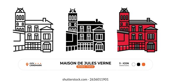 Ícone de Linha Maison de Jules Verne, Amiens, Marco da França, Silhueta, Vetor de Cor, Traço Editável.
