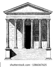 Maison Carrée, at Nîmes in southern France, the best preserved temples,  the original patron of the Pantheon in Rome, vintage line drawing or engraving illustration.