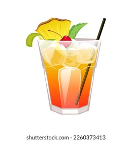 Cóctel "Mai-Tai".Cóctel alcohólico clásico con ron, licor, lima, decorado con piña, menta, melocotón, cereza.