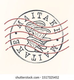 Maitake Stamp Postal. Japanese Mushroom Silhouette Seal. Passport Round Design. Vector Icon. Design Retro Travel.