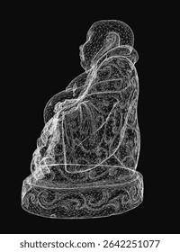 Maitreya Buddha statue depicted as a detailed wireframe with intricate lines and geometric shapes, creating a lifelike 3D effect. The minimalist design stands out against a sleek black background,.