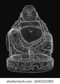 Maitreya Buddha wireframe statue with intricate details, arms and legs outstretched, head slightly tilted, and eyes closed in serene meditation. The white wireframe contrasts sharply against.