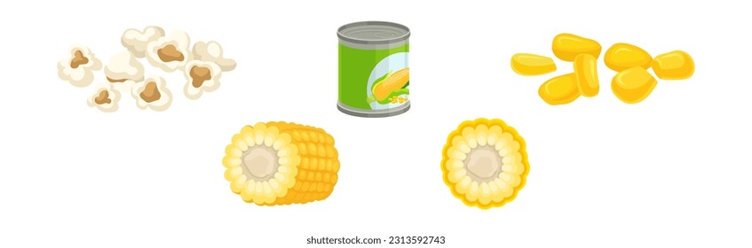 Maize or Corn as Cereal Grain with Yellow Kernels or Seeds Vector Set