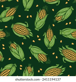 Maize. Corn Cobs Seamless Pattern. Vector Vegetable Background.