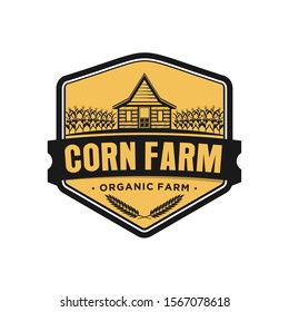 Maize corn farm barn house organic vintage logo simple minimalist design, farming industrial icon silhouette, food cereal product sweet corn.