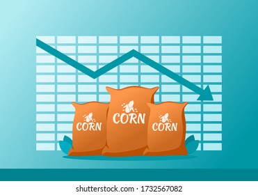 Maize or Corn Raw Staple Food Material Price Value Stock Market Demand Decrease Drop Fall Down Statistic Report with Graph Chart Diagram Illustration Vector. Can be Used for Web, Infographic & Print