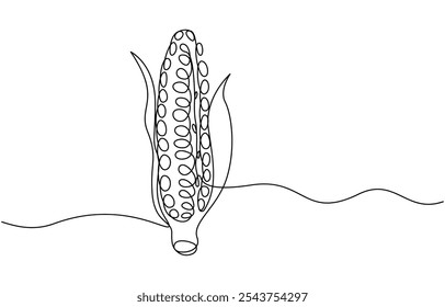 Orelha de milho em estilo de desenho artístico de linha contínua. Esboço linear preto de maçaroca de milho isolado no fundo branco, desenho contínuo de uma linha de milho colheita para a fazenda. Ilustração de desenho de uma linha de milho de