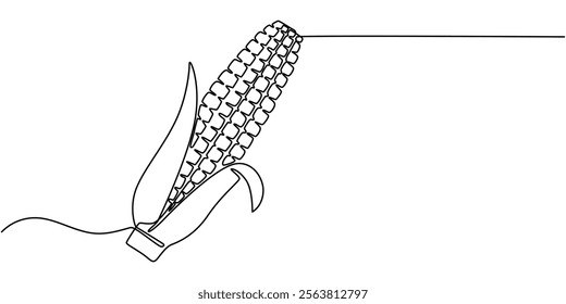 Maize ear in continuous line art drawing style. Corn cob black linear sketch isolated on white background. Vector illustration, Continuous one line drawing of corn icon in silhouette on a white back. 