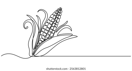 Maize ear in continuous line art drawing style. Corn cob black linear sketch isolated on white background. Vector illustration, Continuous one line drawing of corn icon in silhouette on a white back. 