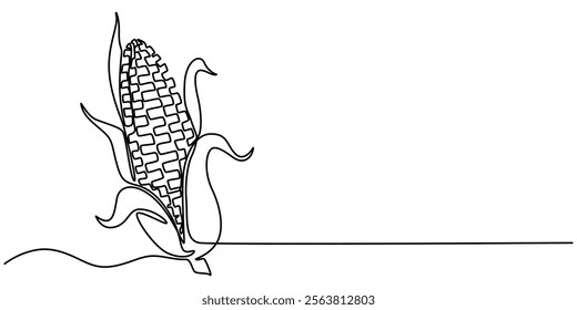 Maize ear in continuous line art drawing style. Corn cob black linear sketch isolated on white background. Vector illustration, Continuous one line drawing of corn icon in silhouette on a white back. 