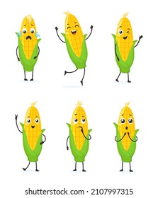 Maize emoji. Cartoon cute corn character, funny corncob emoticons collection sad smile love surprised sweetcorn, health vegetable food cob plants, neat vector illustration. Vegetable food kawaii