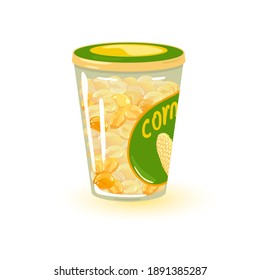 Maize grains with juice in container, store for cold season. Vector organic product package, eco farm harvest, sweet and fresh veggie crops design isolated on white background