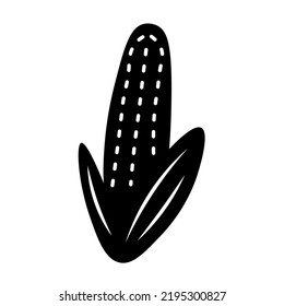 Maize icon in doodle style. Corn simple black silhouette for product package, market, logo, emblem, label, icon, symbol, eco, organic, farming, popcorn