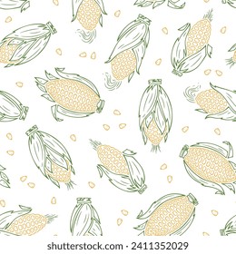 Maize. Outline Corn Cobs Seamless Pattern. Vector Vegetable Background.