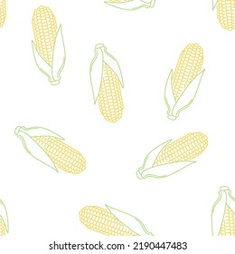 Maize outline seamless pattern. Yellow sweet corn on white background. Vector food simple illustration.