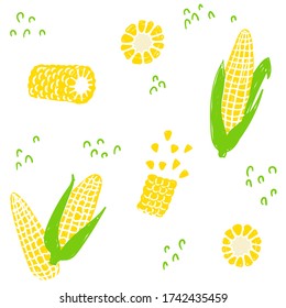 Maize seamless pattern. Corn set. Vector illustration of maize kernels and whole corn