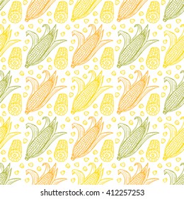 Maize Seamless pattern. Vector Vegetable background. Hand drawn doodle Corn cobs and corn grains 