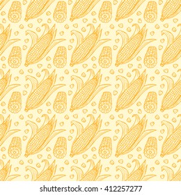 Maize Seamless pattern. Vector Vegetable background. Hand drawn doodle Corn cobs and corn grains 