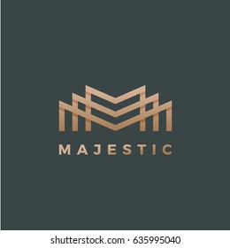 Majestic Abstract Geometry Minimal Vector Sign, Symbol or Logo Template. Premium Line Style Lettering Emblem. Gold with Shadows. Isolated on Dark Background.