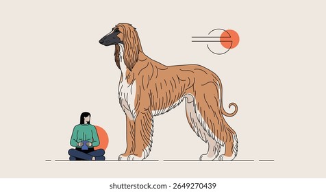 Majestic Afghan Hound Standing Tall Beside a Serene Person Holding a Cup Enjoying a Peaceful Outdoor Scene