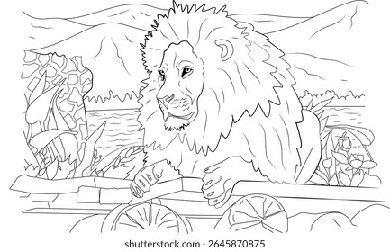 Majestic African Lion Relaxing in Wild Landscape Outline Drawing. Detailed Black and White Line Art Illustration Perfect for Coloring Books, Activity Pages, Educational Resources, and Design.
