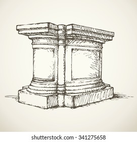 Majestic Aged Granite Greek Carved Pylon Block Plinth On Luxury Ornate Base Isolated On White Backdrop. Freehand Outline Ink Drawn Symbol Sketch In Doodle Style. View Closeup With Label Space For Text