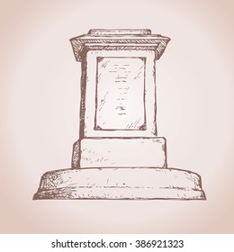 Majestic Aged Granite Greek Carved Pylon Block Plinth On Luxury Ornate Base Isolated On White Backdrop. Freehand Outline Ink Drawn Symbol Sketch In Doodle Style. View Closeup With Label Space For Text