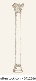 Majestic aged granite pylon carved shaft grecian corinthian order on luxury base isolated on white backdrop. Freehand outline ink drawn symbol sketch in doodle style. View closeup with space for text