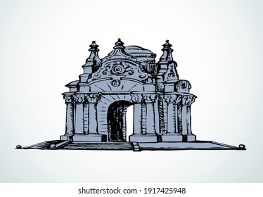 Majestic aged quaint romantic marble arc carved block water wellroom in luxury bower kiosk on stepp stage base isolated on white. Freehand outline ink drawn picture sketch in rococo style. Front view