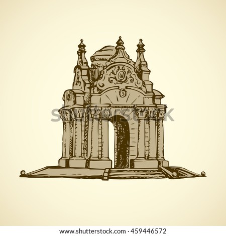 Majestic aged quaint romantic marble arc carved block water wellroom in luxury bower kiosk on stepp stage base isolated on white. Freehand outline ink drawn picture sketch in rococo style. Front view