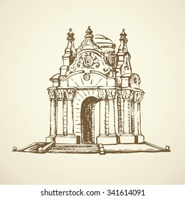 Majestic aged romantic arc carved water wellroom in luxury bower kiosk on stairs stage base isolated on white. Freehand outline ink drawn picture sketch in rococo style. Front view