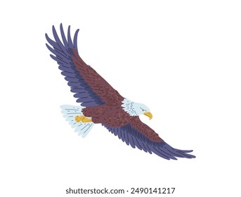 Águila calva americana majestuosa en estilo plano de dibujos animados. Ilustración vectorial de un águila que se eleva con gracia sobre un fondo aislado. Ideal para proyectos de diseño.