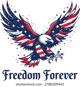 Majestic American Bald Eagle with Wings Spread Featuring US Flag Pattern and Freedom Forever Text
