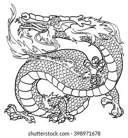 Majestic Asian dragon black contour on white background