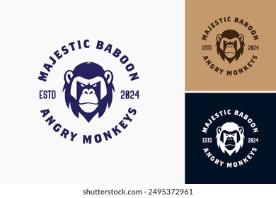 Majestic Baboon Angry Monkeys Logo: Majestic letter M incorpora mandriles feroces, exudando fuerza y potencia, ideal para deportes o marcas agresivas. Vector EPS en capas