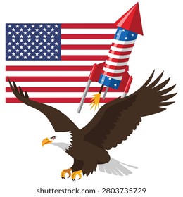 Majestic bald eagle, american flag backdrop, patriotic rocket launching, symbol of freedom