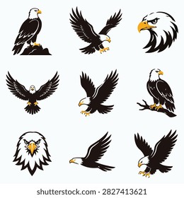 Majestic bald eagle collection showcasing flight and regal stances ideal for emblems or wildlife branding.