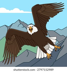 Majestic bald eagle flying with wide open wings over a rocky gray mountain range under a blue sky, vector illustration