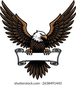 Majestic bald eagle with open wings and blank scroll illustration for design purposes