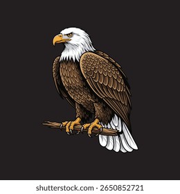 Majestic bald eagle perched on a branch, looking left