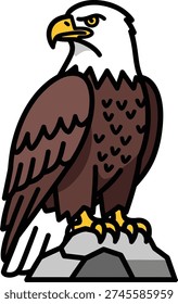 Majestic bald eagle perched on a rocky outcrop with a powerful gaze.