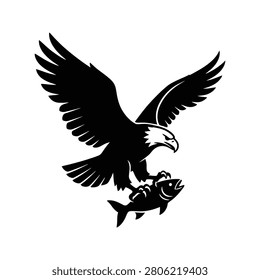 Majestic bald eagle predator with outstretched wings gripping a fish in its talons during a dramatic aerial hunt. Ideal for wildlife and nature themes.