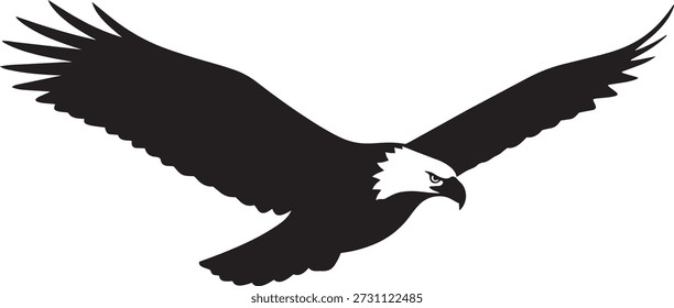 Majestic bald eagle silhouette vector illustration, soaring bird of prey icon with spread wings, american symbol design